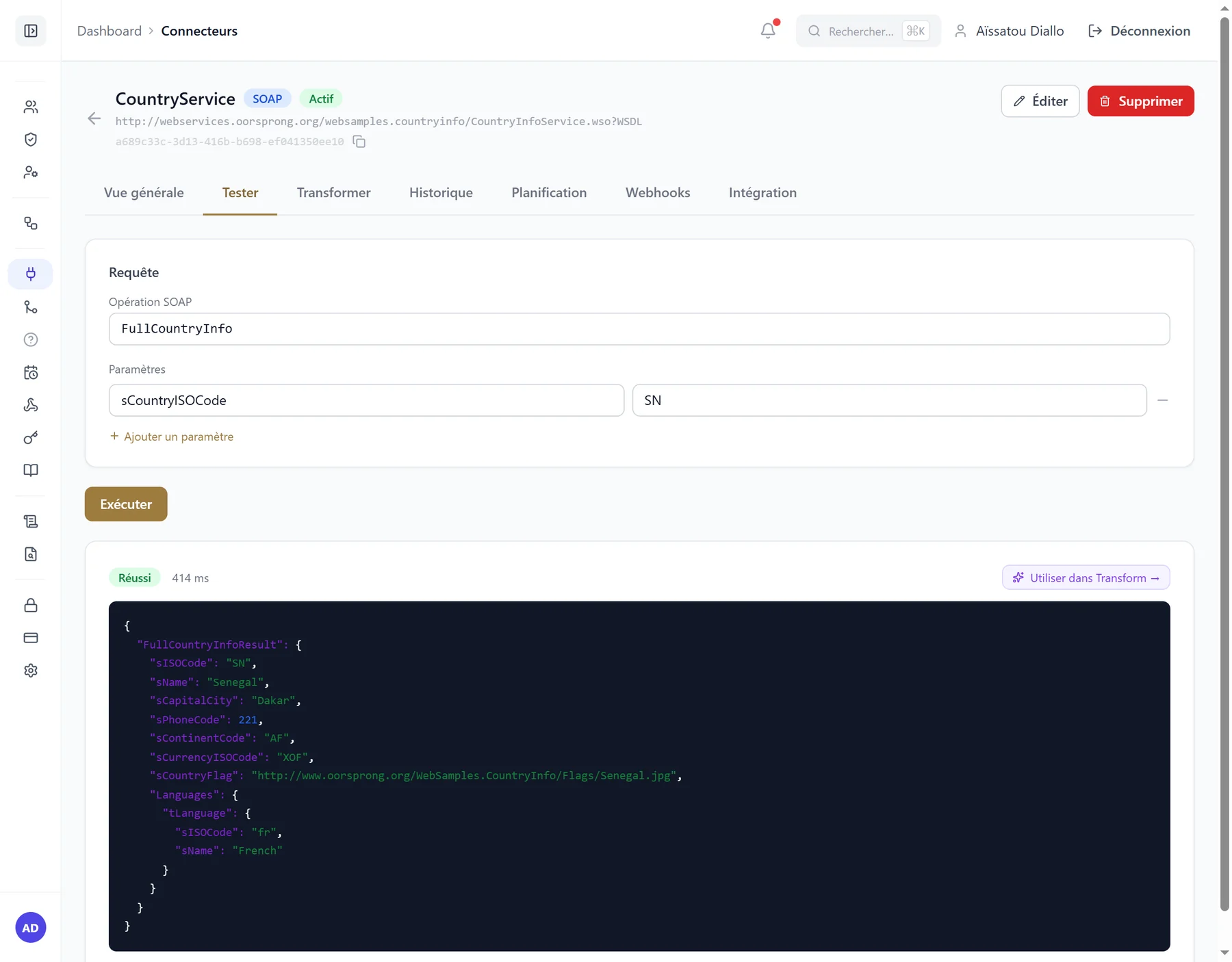 Test d’un connecteur SOAP dans bxFlow : appel FullCountryInfo sur le Sénégal, réponse affichée en JSON.