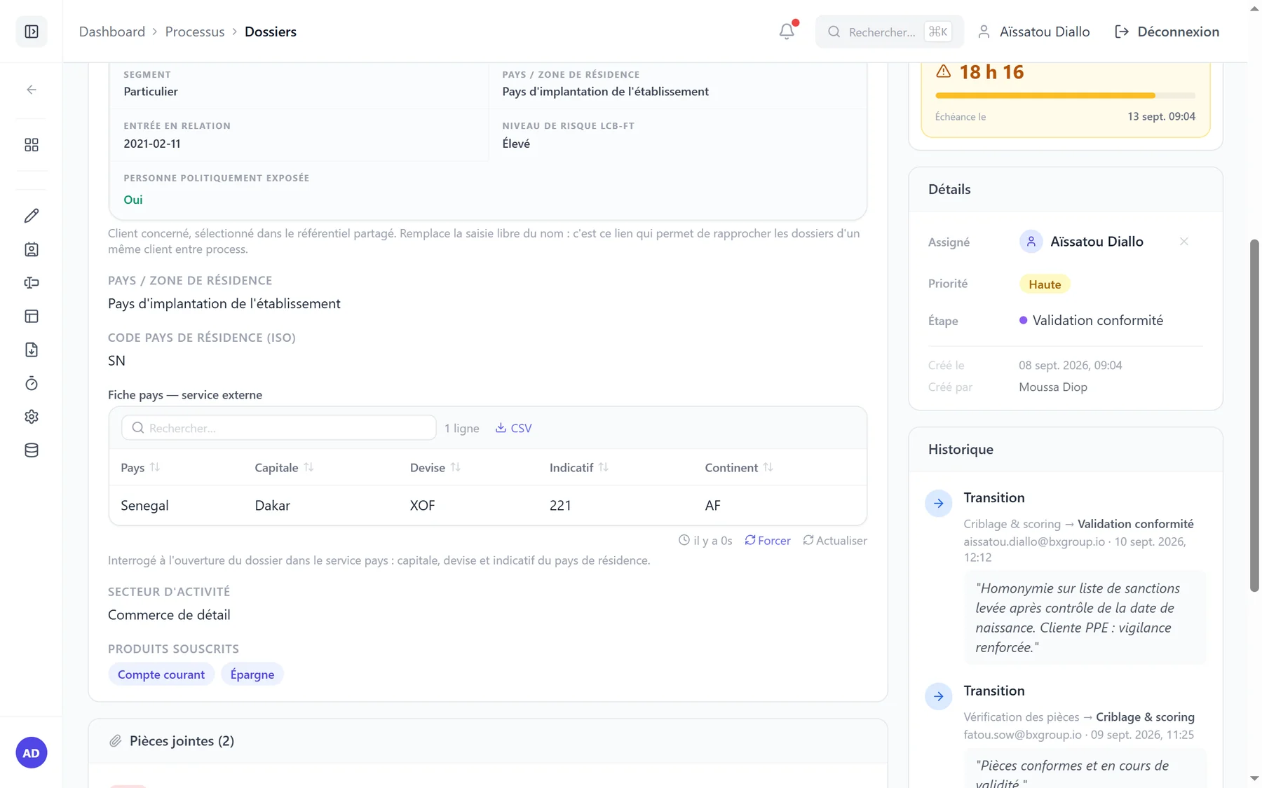 Dossier d’entrée en relation dans bxFlow : fiche pays chargée depuis un service SOAP à l’ouverture.