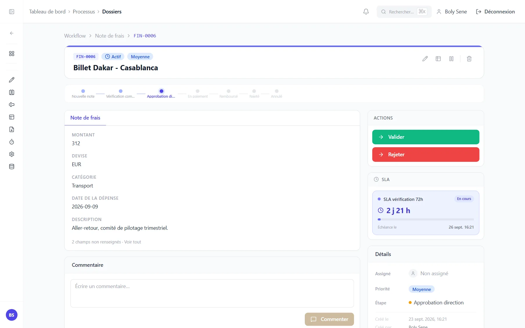 Dossier de note de frais dans bxFlow, à l’étape d’approbation direction, avec le délai restant et les deux actions possibles.