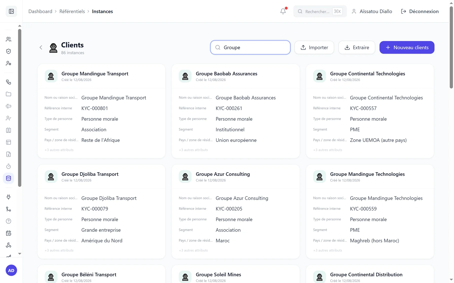 Référentiel Clients dans bxFlow : fiches avec référence KYC, segment et zone de résidence.